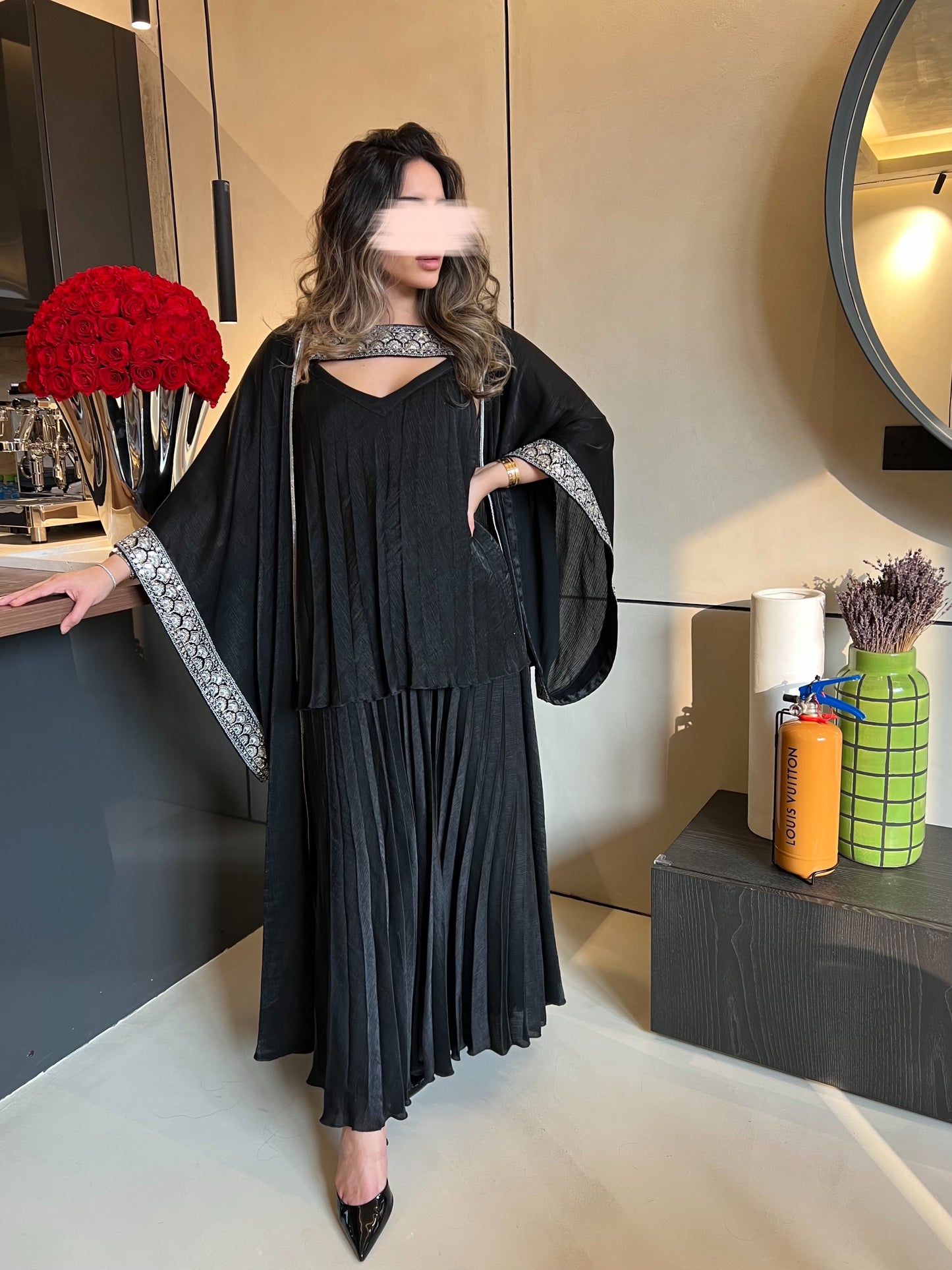 Plisse Black Kaftan with Silver lining