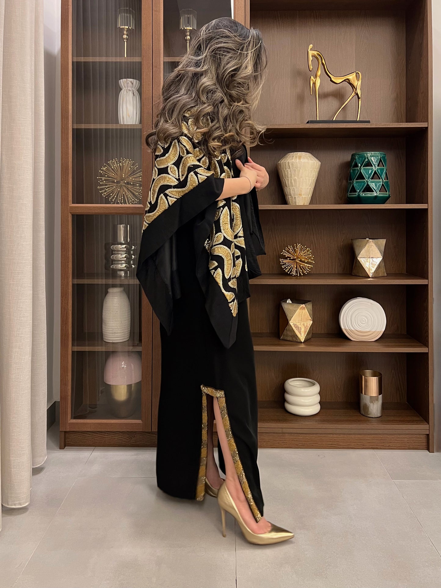 Bronze Embroidered shawl with bronze embroidered lining strapless dress