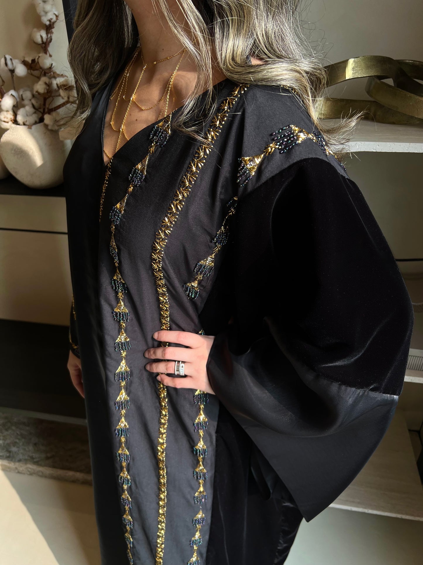 Striped black kaftan with gold embroidery