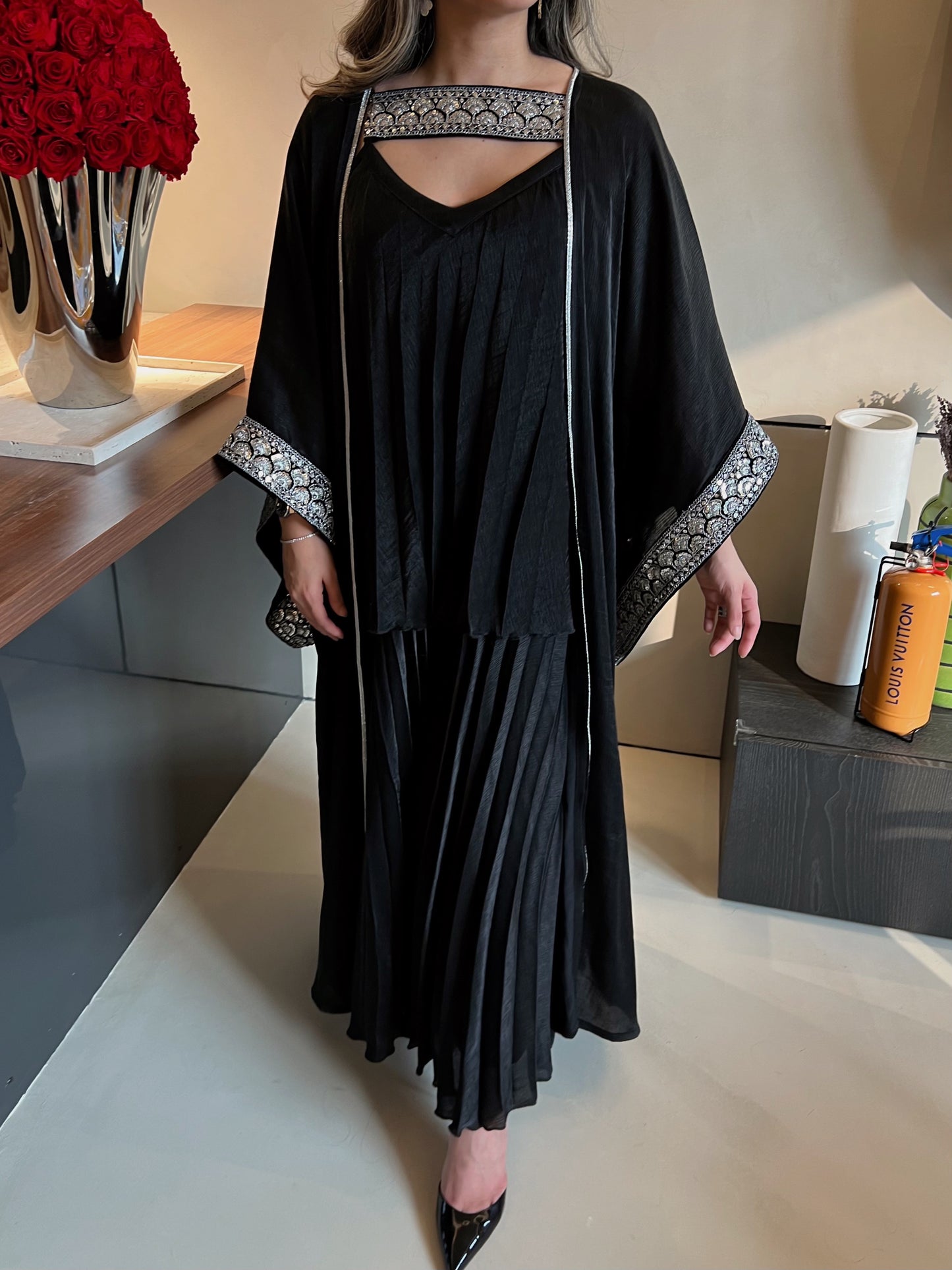 Plisse Black Kaftan with Silver lining