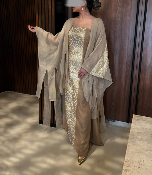 Fringed kaftan in Gold and shades of beige