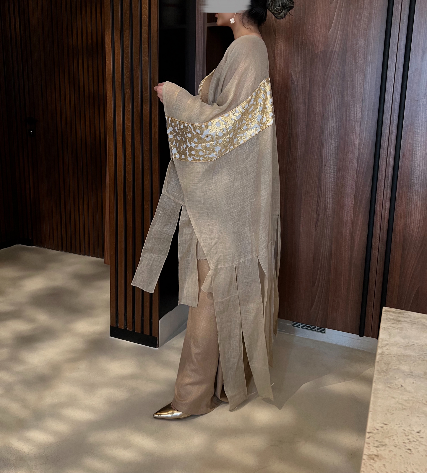 Fringed kaftan in Gold and shades of beige