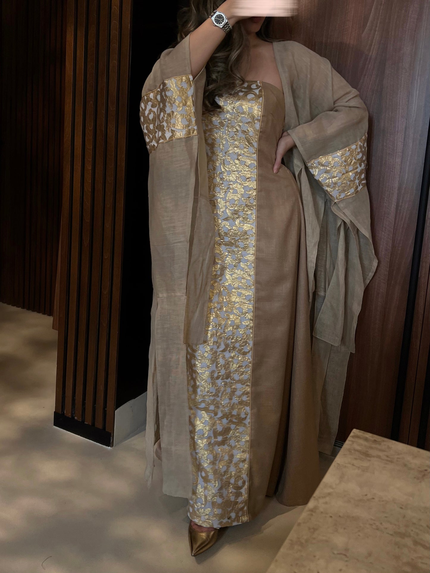 Fringed kaftan in Gold and shades of beige