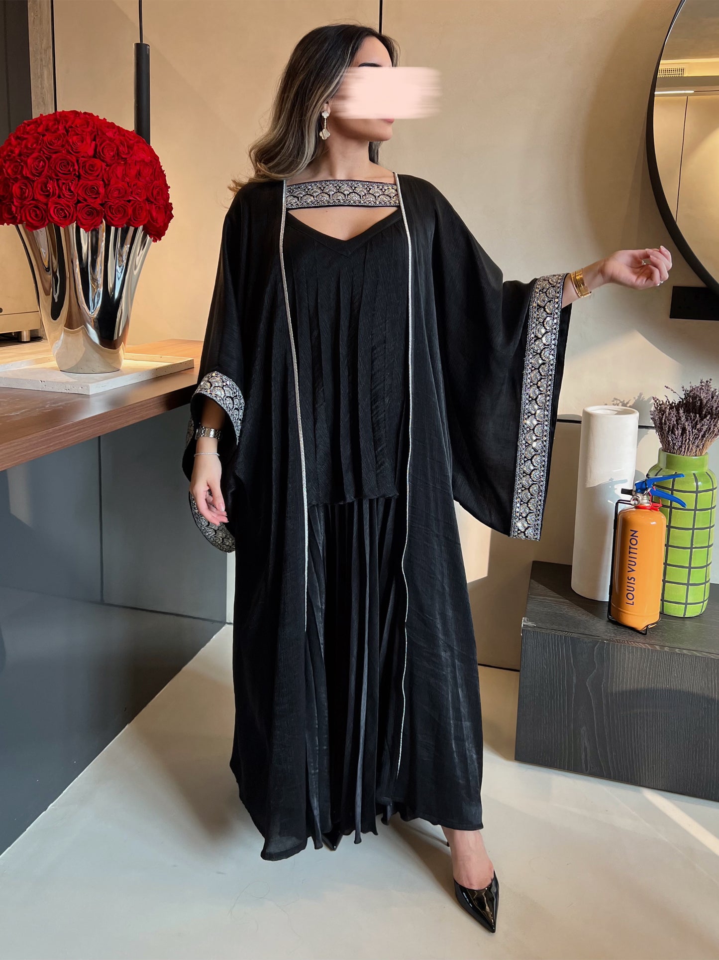 Plisse Black Kaftan with Silver lining