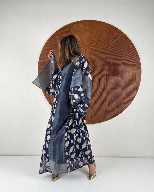 Navy blue X Gold embroidery Flowers Kaftan